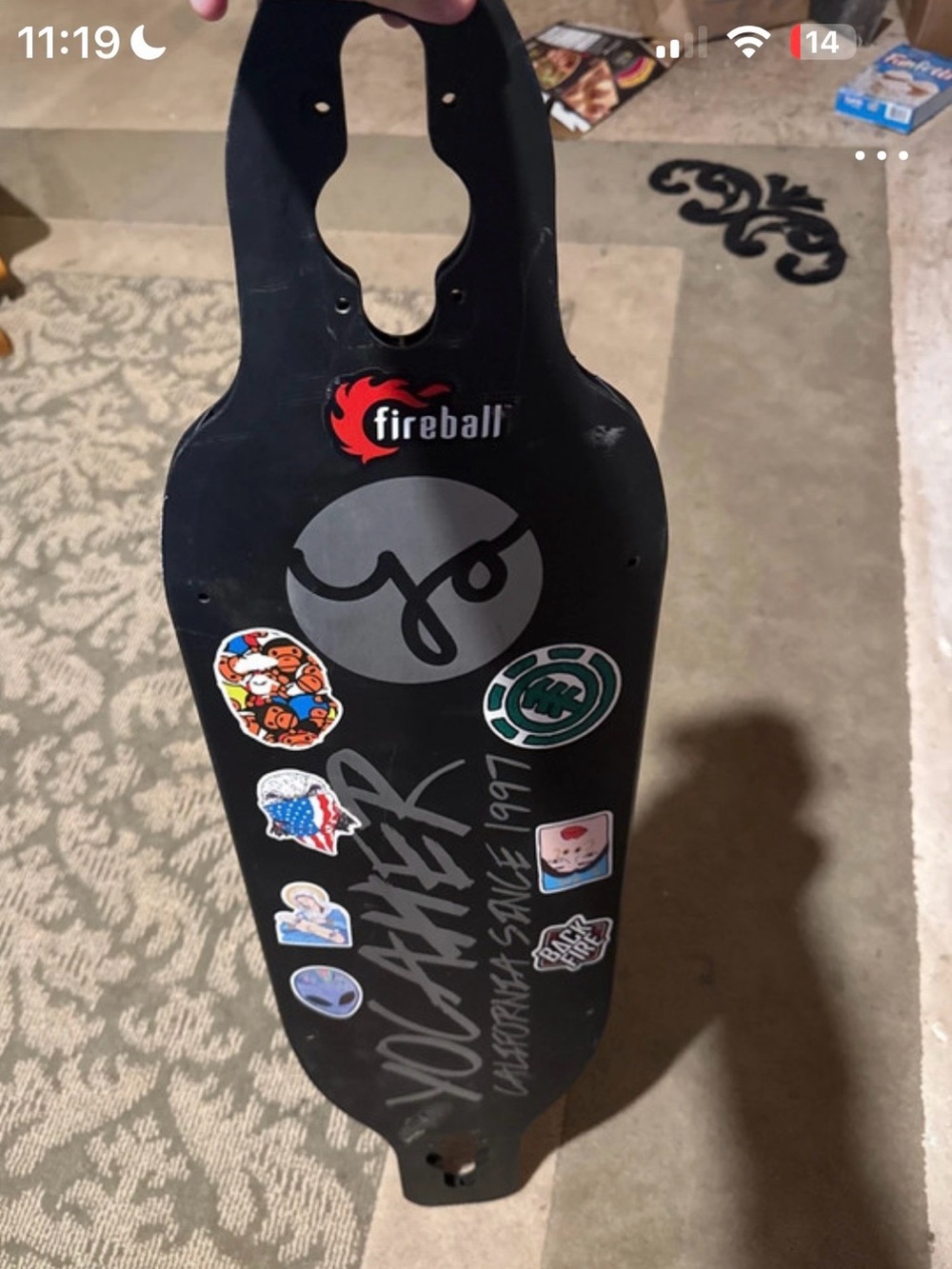 Black Longboard Deck with Sticker Graphic